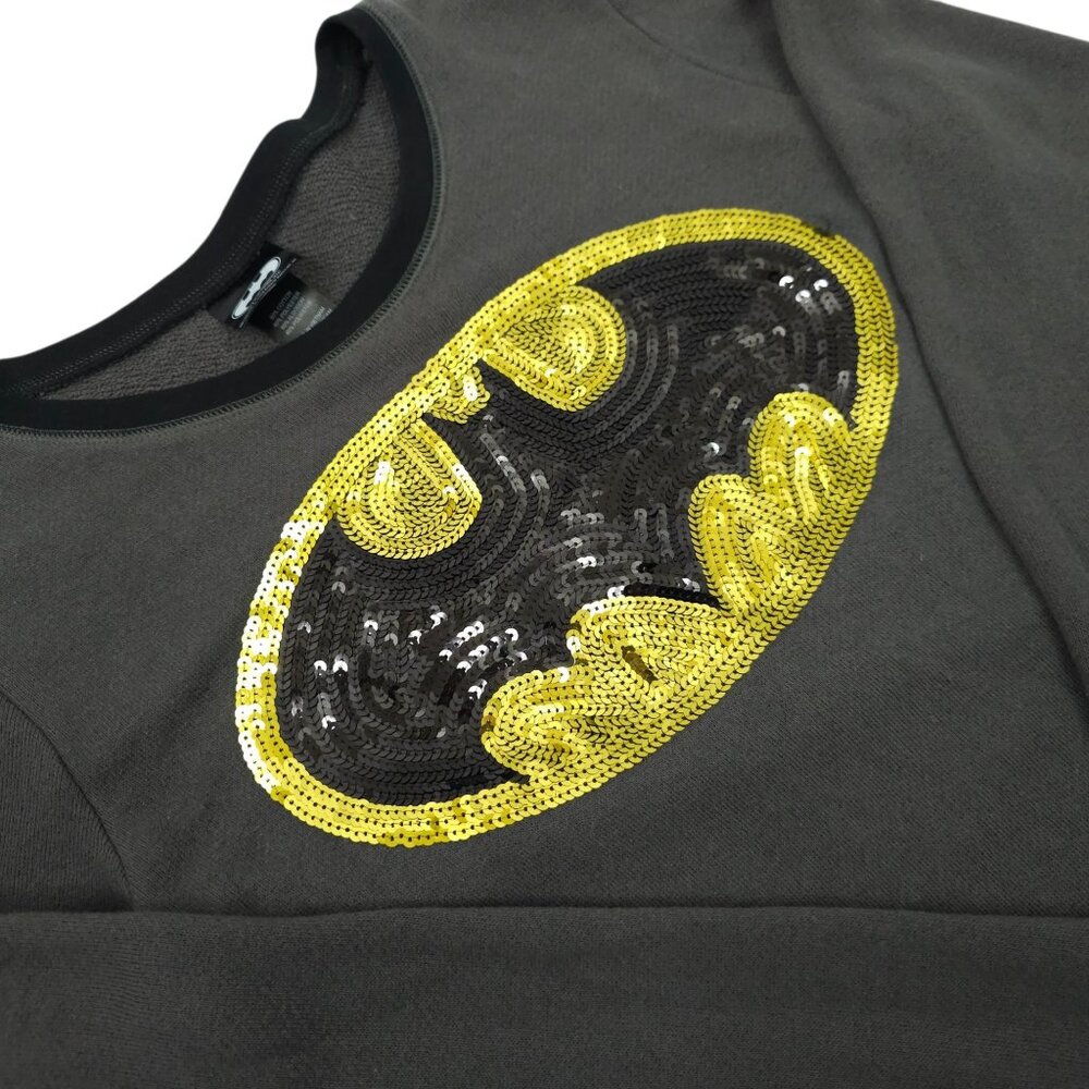 DC Comics Batman Sequins Sweater Womens M Pullover Round Ringer Neck Black Gray